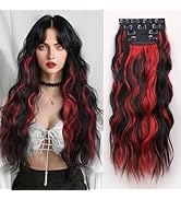 ALXNAN Clip in Long Wavy Hair Extension 20 Inch Black Red Highlights Hair Extensions 4PCS Thick H...