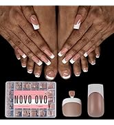 NOVO OVO French Tip Matching Press on Nail tips set, BROWN PINK Square Finger and Square Round To...