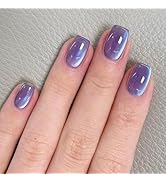 24 Pcs Cat's Eye Press On Nails Short Square YEFIUO Purple Glitter Fake Nails Press ons Nail Art ...