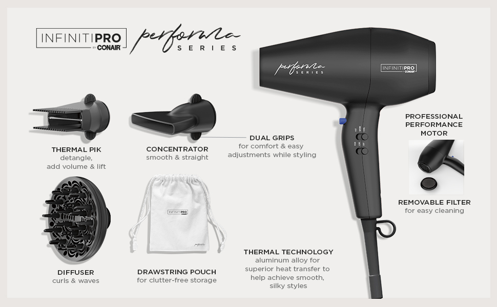 Conair Infiniti Pro Hair Dryer with Diffuser plus 2 Other Attachments and Drawstring Storage Bag