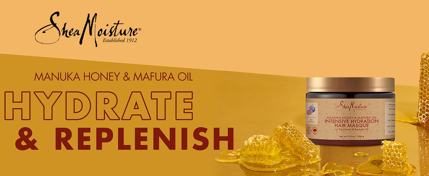 SheaMoisture Hair Masque container with honeycombs on a golden background.