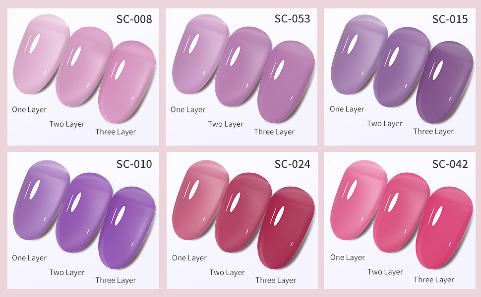 Sheer pink purple red milky jelly gel nail polish colors