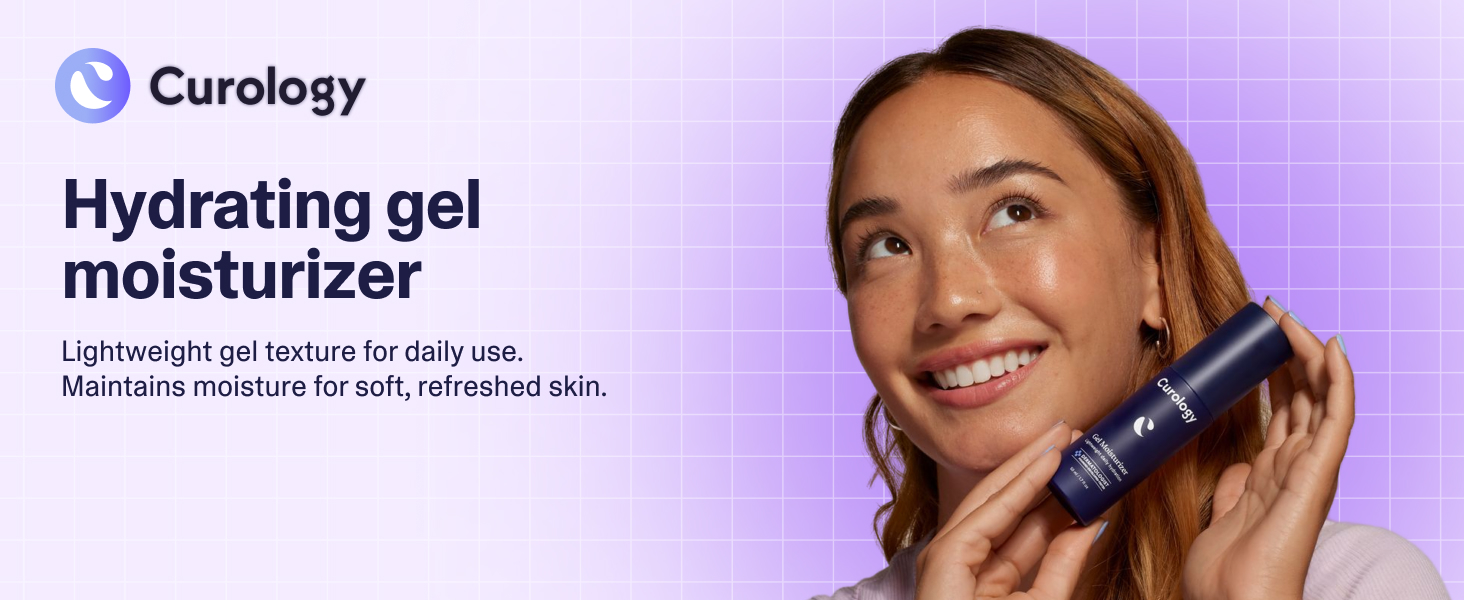 Hydrating gel moisturizer, woman smiling and holding the gel moisturizer bottle