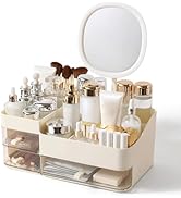 DASITON Makeup Organizer with Rechargeable Mirror and 3 Drawers,Skincare and Cosmetics Organizer ...