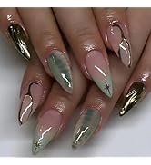 24 Pcs Fall Winter Press on Nails Short Almond - YEFIUO Pink Fake Nails Press ons Green French Na...