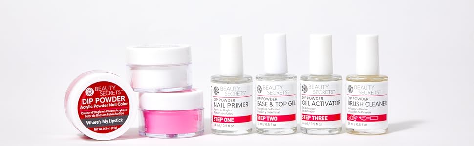 Line up of Beauty Secrets Dip Powders and dip essentials