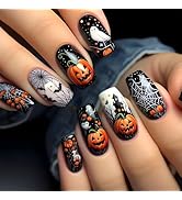 24 Pcs Halloween Press on Nails Medium Square Nail Tips,YEFIUO Acrylic Nail Kit Black Fake Nails ...