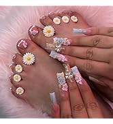 48 Pcs Pink Press on Nails Long Square & Press on Toenails Set - YEFIUO White French Fake Nails P...