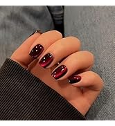 KQueenest Dark Red Cat Eye Press on Nails Short, 30 Pcs Summer Press on Nails Square, Sparkly Gli...