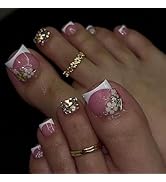 24 Pcs Pink Press On Toenails for Women,YEFIUO White French Tips Fake Toe Nails Press ons Nail Ar...