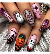 24 Pcs Halloween Press on Nails Medium Coffin Square,LINMEIZAI Fake Nails Press ons Nail Tips Glu...