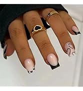 Black French Tip Press on Nails Medium Square Fake Nails Heart False Nails with Designs Full Cove...