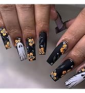 24 Pcs Halloween Spuare Press on Nails Long Coffin - SHANRUN Black Matte Fake Nails Press ons Nai...