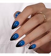 KQueenest Blue Black Press On Nails Short Almond, Ombre French Press On Nails with Glue, Dark Fak...
