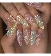 24 Pcs Handmade Press on Nails Short Almond Nail Tips,YEFIUO Yellow French Fake Nails Press ons 3...