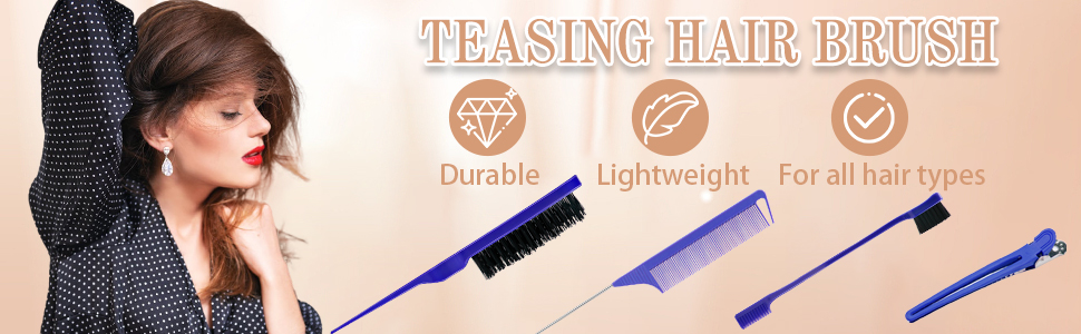 Triple Teasing Brush Dual Hair Edge Brush Rat Tail Comb Set with 5 Pieces Professional Hair Clips