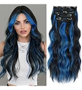 ALXNAN Clip in Long Wavy Synthetic Hair Extension 20 Inch Black Mix Blue Highlights 4PCS Thick Ha...