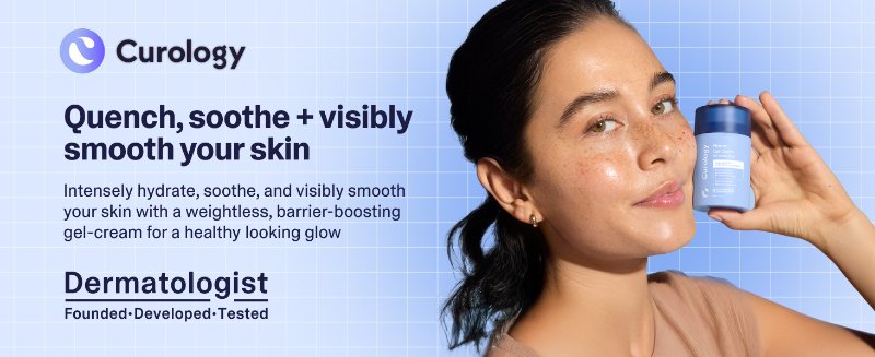 Quench, sooth + visably smooth your skin, woman holding gel cream moisturizer to her cheek