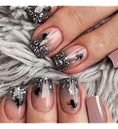 24 Pcs Halloween Pink Press on Nails Short Square - SHANRUN Spider Fall Sequins Glitter French Fa...