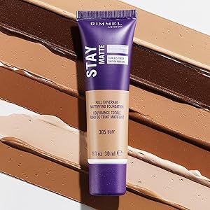 Rimmel Stay Matte Liquid Mousse Foundation in buff shade with multiple swatches in the background