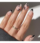24 Pcs Pink Press on Nails Short Almond - YEFIUO Small Flowers Fake Nails Press ons Black French ...
