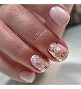 24 Pcs Press on Nails Short Square,LINMEIZAI White Cute Fake Nails Press ons Nail Kit Tips Glue o...