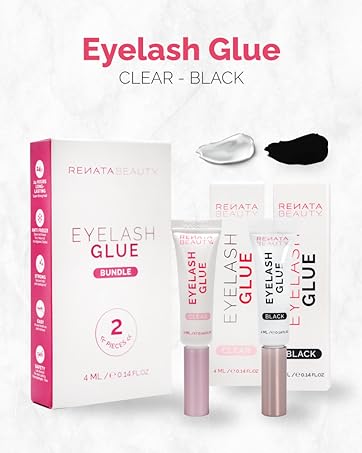 Eyelash glue set with clear and black options. Package includes two tubes and a box, showcasing product consistency with small swatches.