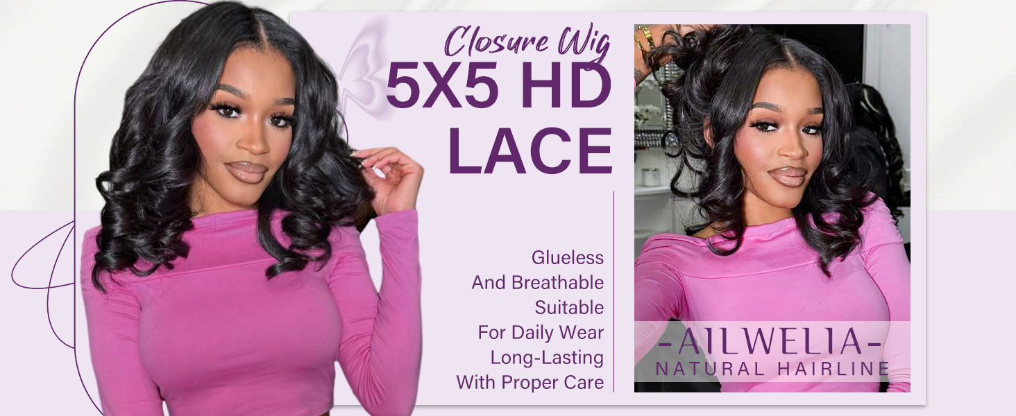 Ailwelia 5x5 Body Wave Bob Wig Human Hair 200% Density