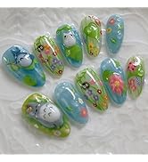 24 Pcs Blue Press on Nails Short Almond Nail Tips,YEFIUO Acrylic Nail Kit Fake Nails Press ons Gl...