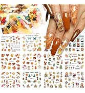SHANRUN 12 in 1 Fall Nail Art Stickers - Autumn Maple Leaf, Mushroom, Squirrel Decals - Water Tra...