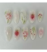 24 Pcs White Press on Nails Short Almond Nail Tips,YEFIUO Acrylic Nail Kit Fake Nails Press ons G...