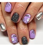 24 Pcs Halloween Press on Nails Short Square - SHANRUN Black Silver Fake Nails Press ons French N...