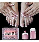 NOVO OVO French Tip Matching Press on Nail tips set, BERRY PINK Square Finger and Square Round To...
