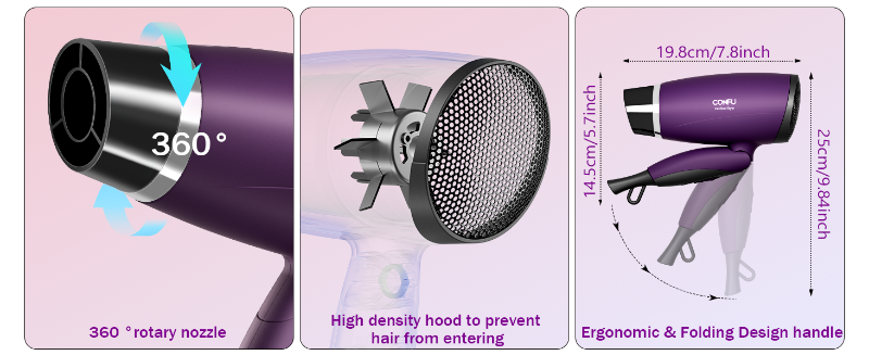 360°rotary nozzle|High density hood to preventhair from entering|Ergonomic & Folding Design handle