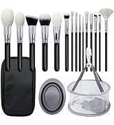 JILIER 15Pcs Professional Goat Hair Makeup Brushes Set with Drying Net & Cleaning Bowl – Natural ...