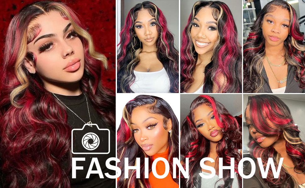 Skunk Stripe Wigs Black Red Blonde Highlights 13x6 Transparent Lace Front Wigs