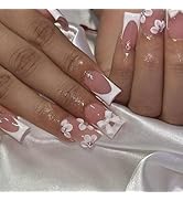 24 Pcs Press on Nails Medium Square,LINMEIZAI White French Fake Nails Press ons Nail Tips Glue on...