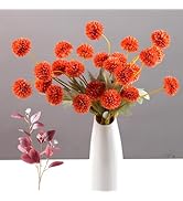 EODIEBN 6pcs Faux Silk Pompon Mum Artificial Flowers, Orange Silk Faux Chrysanthemum Balls Fall M...