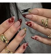 24Pcs Short Almond Press on Nails with Red French Tip Flower Design-LINMEIZAI Fake Nails Press on...