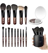 Jilier 14 pcs Mini Makeup Brushes and Pocket Mirror, Travel Makeup Brush Set, LED Compact Mirror ...