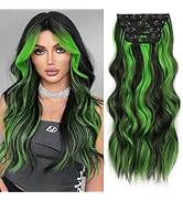 ALXNAN Clip in Long Wavy Synthetic Hair Extension 24 Inch Black Mix Green Highlights 4PCS Thick H...