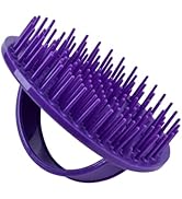 Purple plastic scalp massager with circular handle and flexible bristles arranged in a palm-sized dome shape.