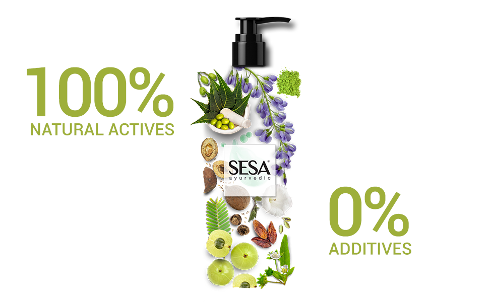 sesa ayurvedic shampoo with ingredients visibile and text 100% natural actives and 0% additives