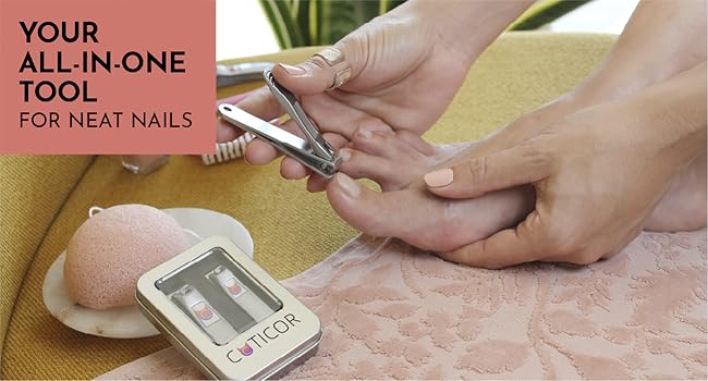 A person cuts their toenail with a Cuticor nail clipper.