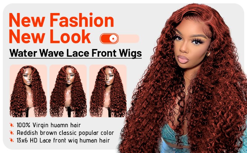 13x6 Water Wave Reddish Brown Lace Front Wigs Human Hair Pre Plucked 200 Density