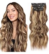 ALXNAN Clip in Long Wavy Hair Extension 20 Inch Chocolate Brown to Honey Blonde Hair Extensions 4...