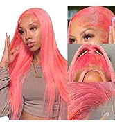 MUGOHK Pink Lace Front Wig Human Hair 22 Inch 13x4 Cotton Candy Straight HD Lace Frontal Wig Pre ...