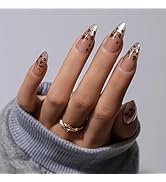 KQueenest 30 Pcs Cateye French Tip Press On Nails Almond Medium, Glitter Leopard Print Nails Pres...