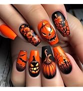 24 Pcs Halloween Press on Nails Medium Square Nail Tips,YEFIUO Acrylic Nail Kit Orange Fake Nails...