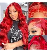 Long 34 Inch Red Lace Front Wigs Human Hair Body Wave 13x4 Burgundy Red HD Lace Front Wig Human H...
